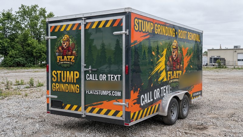 Concept mockup: rear doors of the FLATZ Stump Grinding Co. trailer in a gravel lot, with the beaver lumberjack badge and STUMP GRINDING on the left door, CALL OR TEXT, a blurred phone number and FLATZSTUMPS.COM on the right door, and hazard stripes along the top and bottom.