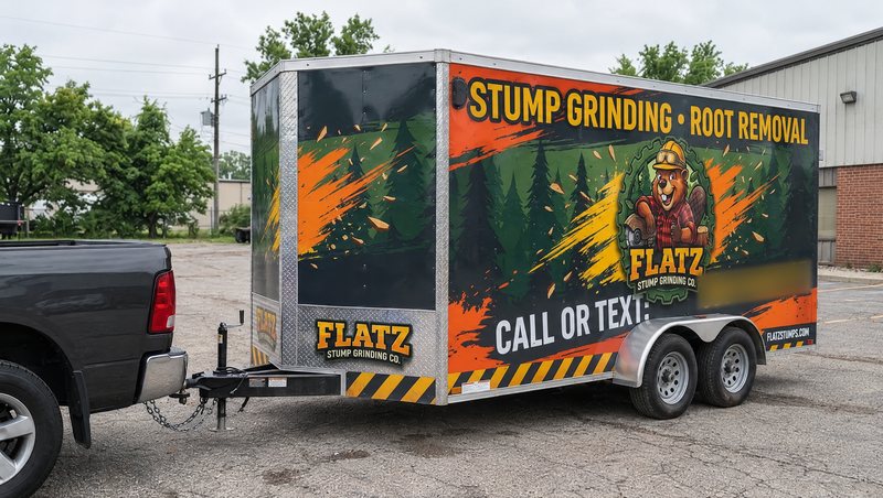 Concept mockup: the FLATZ Stump Grinding Co. trailer from the front three-quarter angle, hitched to a pickup in a parking lot, showing the forest and orange-splash wrap on the front wall and side, the beaver lumberjack badge, a blurred phone number, and yellow and black hazard stripes along the bottom.