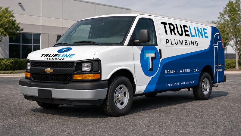 Concept mockup: white Chevrolet Express cargo van, front three-quarter view in a paved lot, with TrueLine Plumbing lettering on the hood, a circular T logo on the door, and a blue lower-body partial wrap.