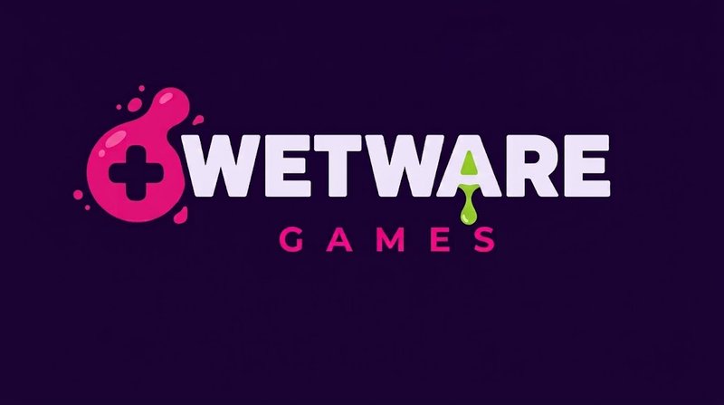 Concept design file: flat Wetware Games logo artwork on a dark purple background, with a pink blob mark with a game-controller cross cut-out and paint splatters, white WETWARE with a lime-green drip from the A, and pink spaced-out GAMES below.